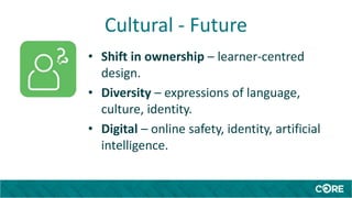 Cultural - Future
• Shift in ownership – learner-centred
design.
• Diversity – expressions of language,
culture, identity.
• Digital – online safety, identity, artificial
intelligence.
 