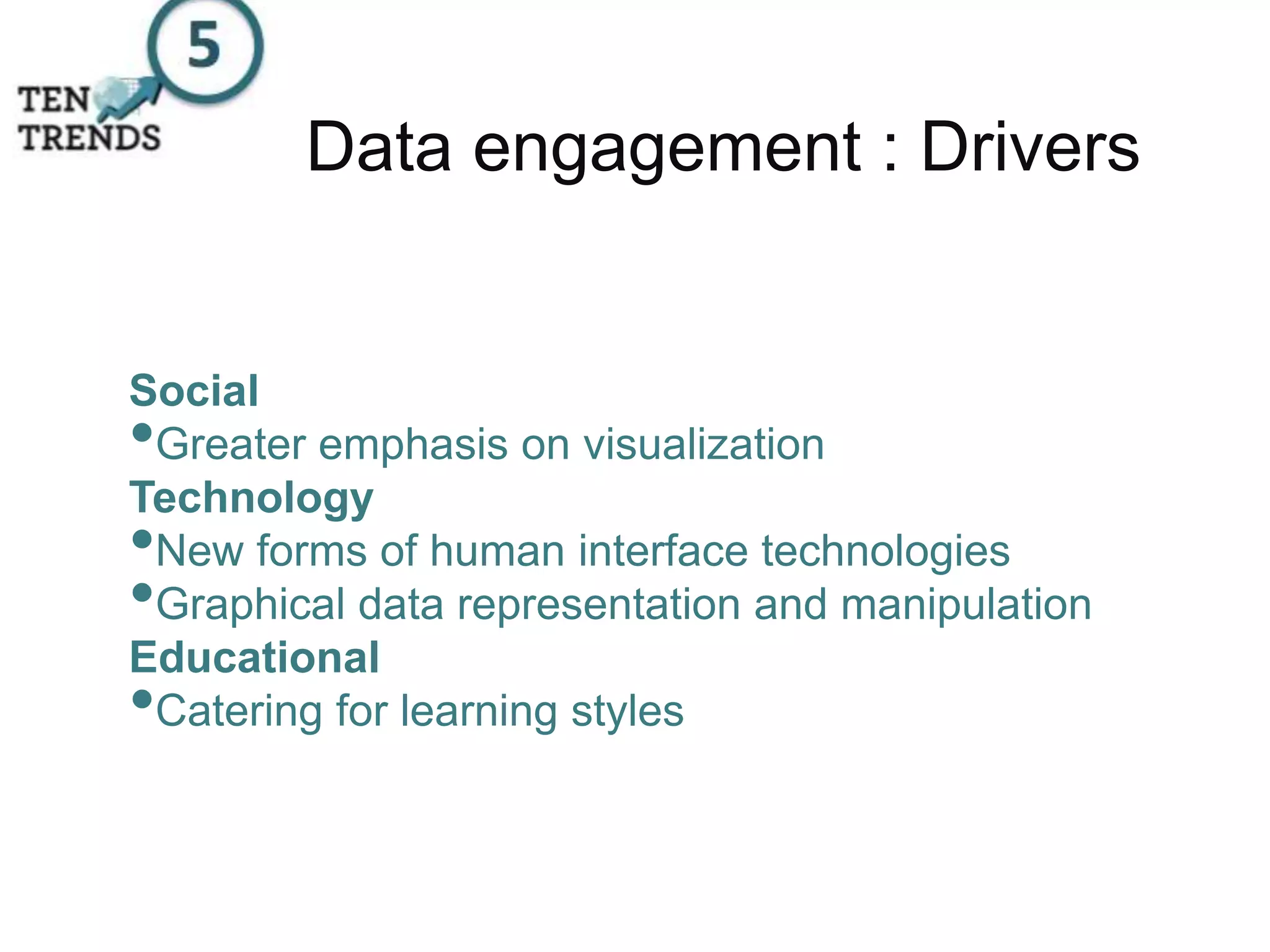 Data engagement : Drivers
Social
•Greater emphasis on visualization
Technology
•New forms of human interface technologies
•Graphical data representation and manipulation
Educational
•Catering for learning styles
 