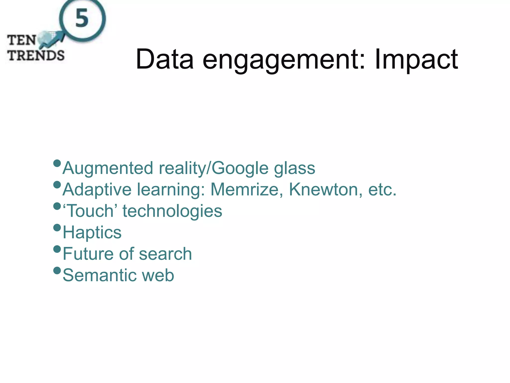 Data engagement: Impact
•Augmented reality/Google glass
•Adaptive learning: Memrize, Knewton, etc.
•‘Touch’ technologies
•Haptics
•Future of search
•Semantic web
 