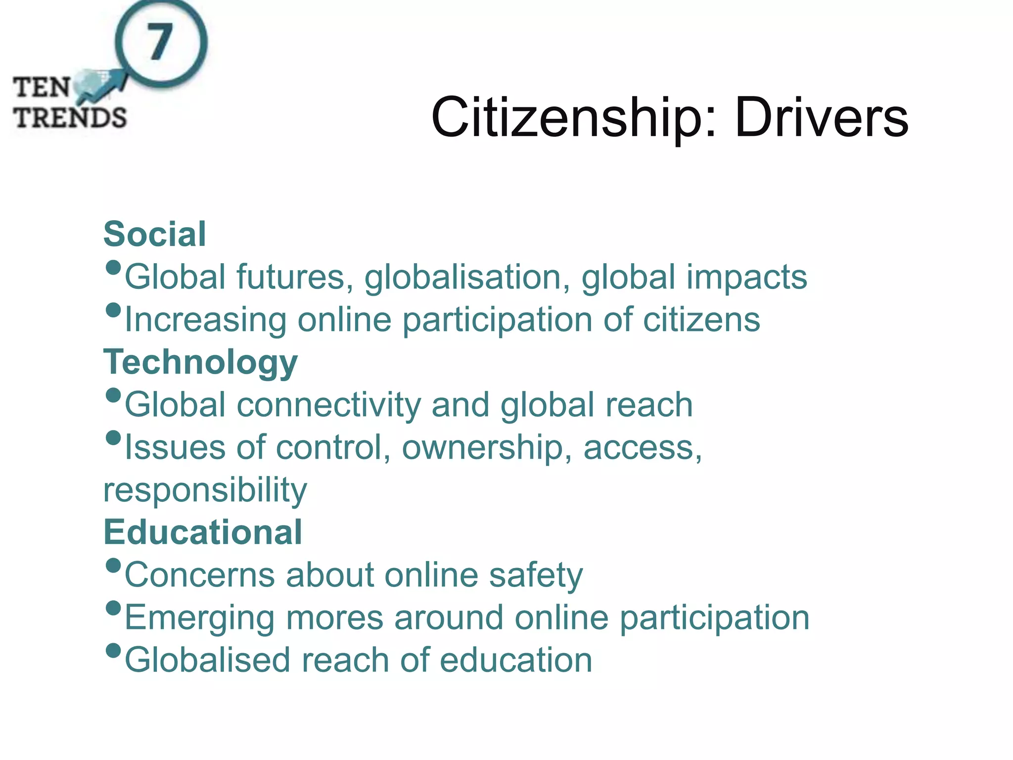 Citizenship: Drivers
Social
•Global futures, globalisation, global impacts
•Increasing online participation of citizens
Technology
•Global connectivity and global reach
•Issues of control, ownership, access,
responsibility
Educational
•Concerns about online safety
•Emerging mores around online participation
•Globalised reach of education
 
