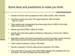 Some facts and predictions to make you think Number of US tax returns prepared in India  2003: 25,000  2005: 400,000 Combined market cap of top 150 mega-institutions 1994: $4 trillion 2004: $11 trillion  Total capital under management by private equity firms in 2003 in the United States and Europe: $1 trillion  Market cap of the NYSE in 2003: $11 trillion  Growth rate of the total wealth controlled by millionaires in China from 1986 to 2001: 600%  Estimated number of Chinese households to achieve European income levels by 2020 (assuming real income grows at 8 percent annually): 100 million  Total number of workers in China: 750 million  Number employed in China's state-owned companies: 375 million Year when the income gap in the United States between the wealthiest 5% and the bottom 10% was the widest ever recorded: 2004  