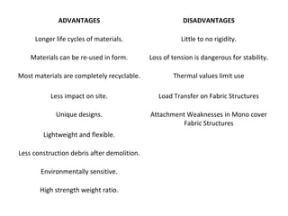 ADVANTAGES DISADVANTAGES
Longer life cycles of materials. Little to no rigidity.
Materials can be re-used in form. Loss of tension is dangerous for stability.
Most materials are completely recyclable. Thermal values limit use
Less impact on site. Load Transfer on Fabric Structures
Unique designs. Attachment Weaknesses in Mono cover
Fabric Structures
Lightweight and flexible.
Less construction debris after demolition.
Environmentally sensitive.
High strength weight ratio.
 