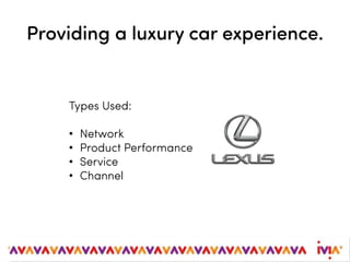 Providing a luxury car experience.
Types Used:
• Network
• Product Performance
• Service
• Channel
 