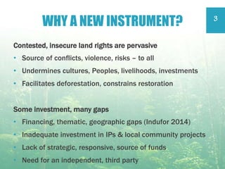 WHY A NEW INSTRUMENT?
Contested, insecure land rights are pervasive
• Source of conflicts, violence, risks – to all
• Undermines cultures, Peoples, livelihoods, investments
• Facilitates deforestation, constrains restoration
Some investment, many gaps
• Financing, thematic, geographic gaps (Indufor 2014)
• Inadequate investment in IPs & local community projects
• Lack of strategic, responsive, source of funds
• Need for an independent, third party
3
 