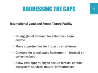 ADDRESSING THE GAPS
International Land and Forest Tenure Facility
• Strong global demand for solutions– from
private
• Many opportunities for impact – short-term
• Demand for a dedicated instrument – focused on
collective land
• A low cost opportunity to secure forests, carbon,
ecosystem services, natural infrastructure
4
 