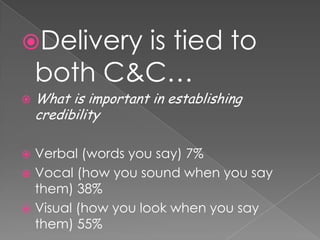Deliveryistiedtoboth C&C…Whatisimportant in establishingcredibilityVerbal (wordsyousay) 7%Vocal (howyousoundwhenyousaythem) 38%Visual (howyou look whenyousaythem) 55%