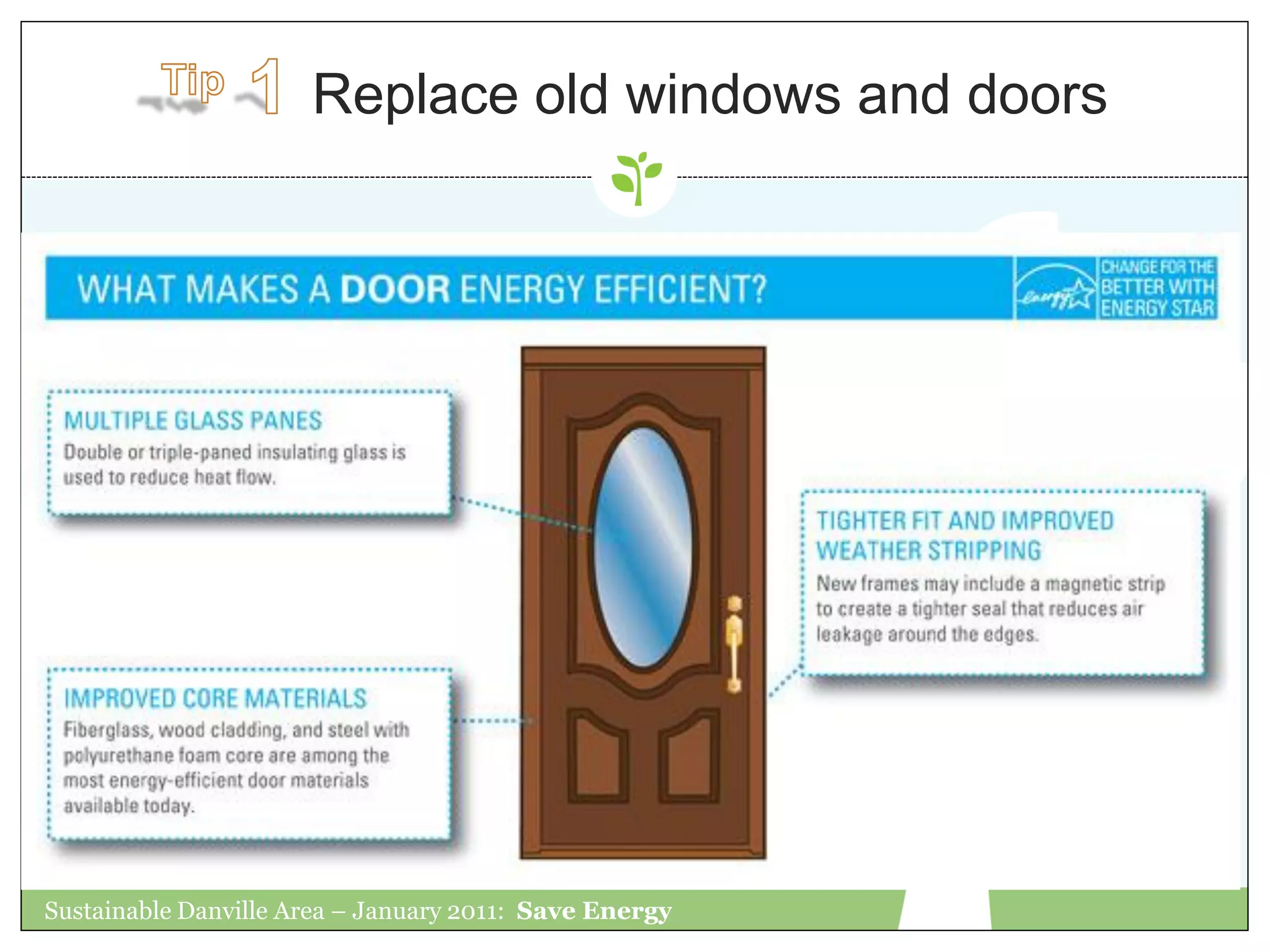 Replace old windows and doors




Sustainable Danville Area – January 2011: Save Energy
 