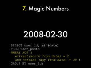 7. Magic Numbers



      2008-02-30
SELECT user_id, min(date)
FROM user_posts
WHERE NOT (
  extract(month from date) = 2
  and extract (day from date) = 30 )
GROUP BY user_id;
 