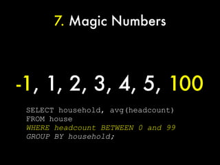 7. Magic Numbers



-1, 1, 2, 3, 4, 5, 100
 SELECT household, avg(headcount)
 FROM house
 WHERE headcount BETWEEN 0 and 99
 GROUP BY household;
 