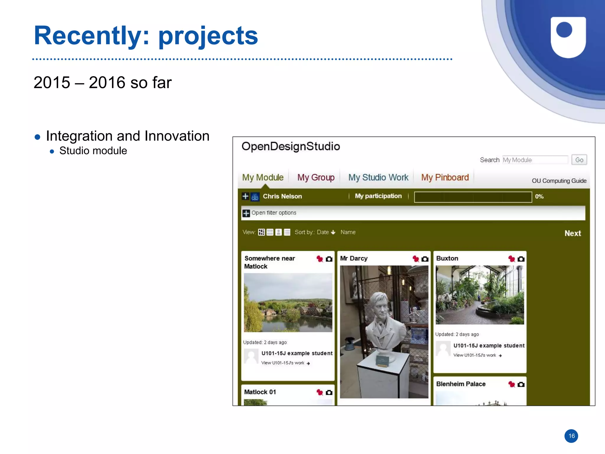 2015 – 2016 so far
Recently: projects
● Integration and Innovation
● Studio module
16
 