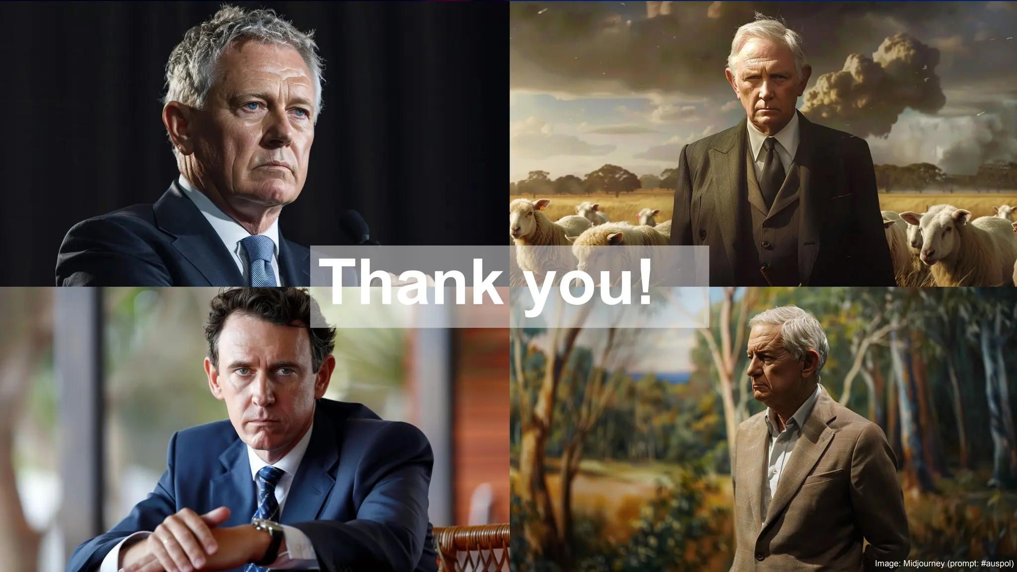 CRICOS No.00213J
Thank you!
Image: Midjourney (prompt: #auspol)
 