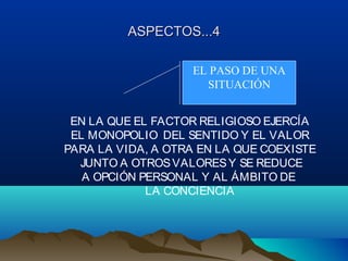 ASPECTOS...4ASPECTOS...4
EL PASO DE UNA
SITUACIÓN
EN LA QUE EL FACTOR RELIGIOSO EJERCÍA
EL MONOPOLIO DEL SENTIDO Y EL VALOR
PARA LA VIDA, A OTRA EN LA QUE COEXISTE
JUNTO A OTROSVALORESY SE REDUCE
A OPCIÓN PERSONAL Y AL ÁMBITO DE
LA CONCIENCIA
 