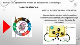 PARTE 1: El cáncer como modelo de aplicación de la toxicología.
CARACTERÍSTICAS:
AUTOSUFICIENCIA PROLIFERATIVA:
…las células tumorales se independizan
de estímulos externos para la proliferación
y producen sus propios factores de
crecimiento.
 