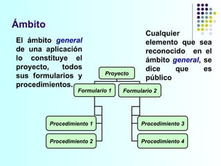 Ámbito El ámbito  general  de una aplicación lo constituye el proyecto, todos sus formularios y procedimientos. Cualquier elemento que sea reconocido  en el ámbito  general , se dice que es público Proyecto Formulario 1 Formulario 2 Procedimiento 1 Procedimiento 3 Procedimiento 2 Procedimiento 4 