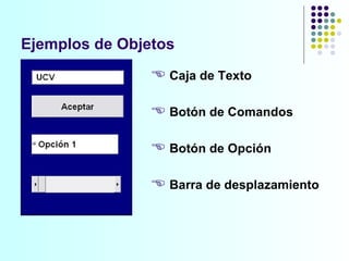 Ejemplos de Objetos Caja de Texto Botón de Comandos Botón de Opción Barra de desplazamiento 