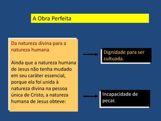 A Obra Perfeita
Da natureza divina para a
natureza humana
Ainda que a natureza humana
de Jesus não tenha mudado
em seu caráter essencial,
porque ela foi unida à
natureza divina na pessoa
única de Cristo, a natureza
humana de Jesus obteve:
Dignidade para ser
cultuada.
Incapacidade de
pecar.
 