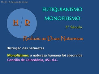 H D
Reduziu as Duas Naturezas
EUTIQUIANISMO
MONOFISISMO
5º Século
Monofisismo: a natureza humana foi absorvida
Concílio de Calcedônia, 451 d.C.
Distinção das naturezas
TS. III – A Pessoa de Cristo
 
