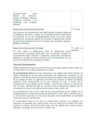 simbólicamente,       imita
objetos   de     conducta,
juegos simbólicos, dibujos,
imágenes mentales y el
desarrollo del lenguaje
hablado.

Etapa de las Operaciones Concretas                                     7-11 años
Los procesos de razonamiento se vuelen lógicos y pueden aplicarse
a problemas concretos o reales. En el aspecto social, el niño ahora
se convierte en un ser verdaderamente social y en esta etapa
aparecen los esquemas lógicos de seriación, ordenamiento mental
de conjuntosy clasificación de los conceptos de casualidad, espacio,
tiempo y velocidad.

Etapa de las Operaciones Formales                                      11 años en
                                                                       adelante
En esta etapa el adolescente logra la abstracción sobre
conocimientos concretos observados que le permiten emplear el
razonamiento lógico inductivo y deductivo. Desarrolla sentimientos
idealistas y se logra formación continua de la personalidad, hay un
mayor desarrollo de los conceptos morales.

Tipos de Conocimientos:
Piaget distingue tres tipos de conocimiento que el sujeto puede poseer, éstos son
los siguientes: físico, lógico-matemático y social.
El conocimiento físico es el que pertenece a los objetos del mundo natural; se
refiere básicamente al que está incorporado por abstracción empírica, en los
objetos. La fuente de este razonamiento está en los objetos (por ejemplo la dureza
de un cuerpo, el peso, la rugosidad, el sonido que produce, el sabor, la longitud,
etcétera). Este conocimiento es el que adquiere el niño a través de la
manipulación de los objetos que le rodean y que forman parte de su interacción
con el medio. Ejemplo de ello, es cuando el niño manipula los objetos que se
encuentran en el aula y los diferencia por textura, color, peso, etc.
Es la abstracción que el niño hace de las características de los objetos en la
realidad externa a través del proceso de observación: color, forma, tamaño, peso y
la única forma que tiene el niño para descubrir esas propiedades es actuando
sobre ellos físico y mentalmente.
El conocimiento físico es el tipo de conocimiento referido a los objetos, las
personas, el ambiente que rodea al niño, tiene su origen en lo externo. En otras
palabras, la fuente del conocimiento físico son los objetos del mundo externo,
ejemplo: una pelota, el carro, el tren, el tetero, etc.
 