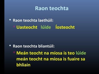 Raon teochta
 Raon teochta laethúil:

 Uasteocht lúide

Íosteocht

 Raon teochta bliantúil:

 Meán teocht na míosa is teo lúide

meán teocht na míosa is fuaire sa
bhliain

 