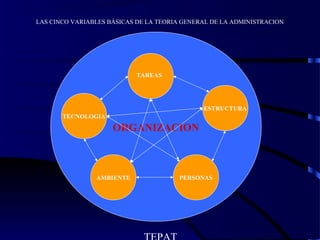 LAS CINCO VARIABLES BÁSICAS DE LA TEORIA GENERAL DE LA ADMINISTRACION
ORGANIZACION
ESTRUCTURA
TECNOLOGIA
PERSONASAMBIENTE
TAREAS
 