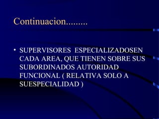 Continuacion.........
• SUPERVISORES ESPECIALIZADOSEN
CADA AREA, QUE TIENEN SOBRE SUS
SUBORDINADOS AUTORIDAD
FUNCIONAL ( RELATIVA SOLO A
SUESPECIALIDAD )
 