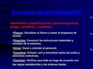 Concepto de Administración
Administrar según Fayol es: planear,organizar,
dirigir, coordinar y controlar.
•Planear: Visualizar el futuro y trazar el programa de
acción.
•Organizar: Construir las estructuras materiales y
sociales de la empresa.
•Dirigir: Guiar y orientar al personal.
•Coordinar: Enlazar, unir y armonizar todos los actos y
esfuerzos colectivos.
•Controlar: Verificar que todo se haga de acuerdo con
las reglas establecidas y las ordenes dadas.
 