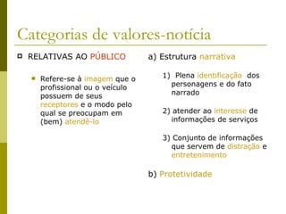 Categorias de valores-notícia RELATIVAS AO  PÚBLICO Refere-se à  imagem  que o profissional ou o veículo possuem de seus  receptores  e o modo pelo qual se preocupam em (bem)  atendê-lo a) Estrutura  narrativa 1)  Plena  identificação   dos personagens e do fato narrado 2) atender ao  interesse  de informações de serviços 3) Conjunto de informações que servem de  distração  e  entretenimento b)  Protetividade 