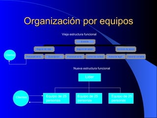 Organización por equipos Clientes Vieja estructura funcional Nueva estructura funcional Lider Equipo de 25 personas Equipo de 25 personas Equipo de 25 personas Clientes 