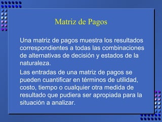 Matriz de Pagos
Una matriz de pagos muestra los resultados
correspondientes a todas las combinaciones
de alternativas de decisión y estados de la
naturaleza.
Las entradas de una matriz de pagos se
pueden cuantificar en términos de utilidad,
costo, tiempo o cualquier otra medida de
resultado que pudiera ser apropiada para la
situación a analizar.
 