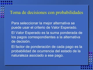 Toma de decisiones con probabilidades
Para seleccionar la mejor alternativa se
puede usar el criterio de Valor Esperado.
El Valor Esperado es la suma ponderada de
los pagos correspondientes a la alternativa
de decisión.
El factor de ponderación de cada pago es la
probabilidad de ocurrencia del estado de la
naturaleza asociado a ese pago.
 