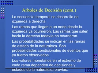 Arboles de Decisión (cont.)
La secuencia temporal se desarrolla de
izquierda a derecha.
Las ramas que llegan a un nodo desde la
izquierda ya ocurrieron. Las ramas que salen
hacia la derecha todavía no ocurrieron.
Las probabilidades se indican en las ramas
de estado de la naturaleza. Son
probabilidades condicionales de eventos que
ya fueron observados.
Los valores monetarios en el extremo de
cada rama dependen de decisiones y
estados de la naturaleza previos.
 