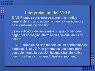 Interpretación del VEIP
El VEIP puede considerarse como una medida
general del impacto económico de la incertidumbre
en el problema de decisión.
Es un indicador del valor máximo que convendría
pagar por conseguir información adicional antes de
actuar.
El VEIP también da una medida de las oportunidades
perdidas. Si el VEIP es grande, es una señal para
que quien toma la decisión busque otra alternativa
que no se haya considerado hasta el momento.
 