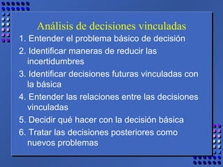Análisis de decisiones vinculadas
1. Entender el problema básico de decisión
2. Identificar maneras de reducir las
incertidumbres
3. Identificar decisiones futuras vinculadas con
la básica
4. Entender las relaciones entre las decisiones
vinculadas
5. Decidir qué hacer con la decisión básica
6. Tratar las decisiones posteriores como
nuevos problemas
 