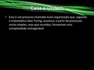Caos e Ordem
• Esse é um processo chamado Auto-organização que, segundo
o matemático Alan Turing, acontece a partir de processos
muito simples, mas que reunidos, formariam uma
complexidade inimaginável.

 
