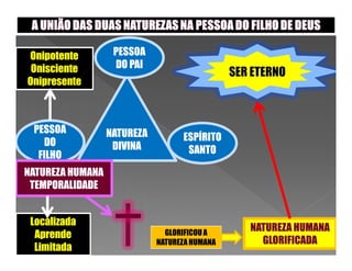 Onipotente         PESSOA
 Onisciente        DO PAI
Onipresente



 PESSOA           NATUREZA
   DO                              ESPÍRITO
                   DIVINA           SANTO
  FILHO
NATUREZA HUMANA
 TEMPORALIDADE


 Localizada
                               GLORIFICOU A
                                               NATUREZA HUMANA
  Aprende
                             NATUREZA HUMANA     GLORIFICADA
  Limitada
 