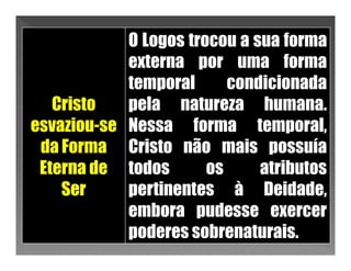 O Logos trocou a sua forma
            externa por uma forma
            temporal      condicionada
   Cristo   pela natureza humana.
esvaziou-se Nessa forma temporal,
 da Forma Cristo não mais possuía
 Eterna de todos       os     atributos
    Ser     pertinentes à Deidade,
            embora pudesse exercer
            poderes sobrenaturais.
 