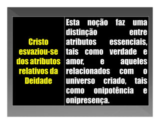 Esta noção faz uma
              distinção         entre
    Cristo    atributos    essenciais,
 esvaziou-se tais como verdade e
dos atributos amor,     e     aqueles
 relativos da relacionados com o
   Deidade    universo criado, tais
              como onipotência e
              onipresença.
 