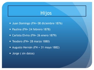 Hijos
 Juan Domingo (FN= 08 diciembre 1876)
 Paulina (FN= 24 febrero 1878)

 Carlota Elvira (FN= 26 enero 1879)
 Teodoro (FN= 28 marzo 1880)
 Augusto Hernán (FN = 31 mayo 1882)
 Jorge ( sin datos)

 