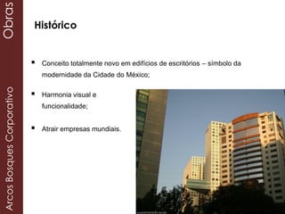  Harmonia visual e
funcionalidade;
 Atrair empresas mundiais.
 Conceito totalmente novo em edifícios de escritórios – símbolo da
modernidade da Cidade do México;
Histórico
ArcosBosquesCorporativoObras
 