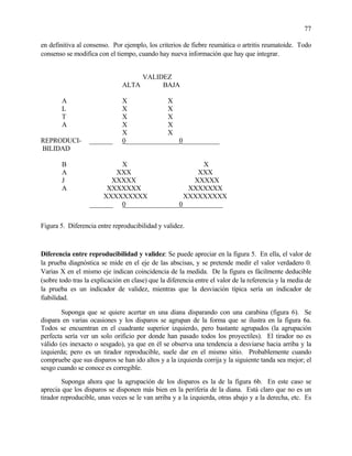 77
en definitiva al consenso. Por ejemplo, los criterios de fiebre reumática o artritis reumatoide. Todo
consenso se modifica con el tiempo, cuando hay nueva información que hay que integrar.
VALIDEZ
ALTA BAJA
A X X
L X X
T X X
A X X
X X
REPRODUCI- _______ 0________________0___________
BILIDAD
B X X
A XXX XXX
J XXXXX XXXXX
A XXXXXXX XXXXXXX
XXXXXXXXX XXXXXXXXX
_______ 0________________0____________
Figura 5. Diferencia entre reproducibilidad y validez.
Diferencia entre reproducibilidad y validez: Se puede apreciar en la figura 5. En ella, el valor de
la prueba diagnóstica se mide en el eje de las abscisas, y se pretende medir el valor verdadero 0.
Varias X en el mismo eje indican coincidencia de la medida. De la figura es fácilmente deducible
(sobre todo tras la explicación en clase) que la diferencia entre el valor de la referencia y la media de
la prueba es un indicador de validez, mientras que la desviación típica sería un indicador de
fiabilidad.
Suponga que se quiere acertar en una diana disparando con una carabina (figura 6). Se
dispara en varias ocasiones y los disparos se agrupan de la forma que se ilustra en la figura 6a.
Todos se encuentran en el cuadrante superior izquierdo, pero bastante agrupados (la agrupación
perfecta sería ver un solo orificio por donde han pasado todos los proyectiles). El tirador no es
válido (es inexacto o sesgado), ya que en él se observa una tendencia a desviarse hacia arriba y la
izquierda; pero es un tirador reproducible, suele dar en el mismo sitio. Probablemente cuando
compruebe que sus disparos se han ido altos y a la izquierda corrija y la siguiente tanda sea mejor; el
sesgo cuando se conoce es corregible.
Suponga ahora que la agrupación de los disparos es la de la figura 6b. En este caso se
aprecia que los disparos se disponen más bien en la periferia de la diana. Está claro que no es un
tirador reproducible, unas veces se le van arriba y a la izquierda, otras abajo y a la derecha, etc. Es
 