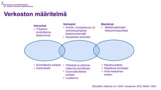 Verkoston määritelmä
Markkinat
• Markkinaehtoiset
liiketoimintasuhteet
Hierarkiat
• Yrityksen
kontrolloima
liiketoiminta
Verkostot
• Suhde-, kumppanuus- ja
verkostopohjaiset
liiketoimintamallit
• Sosiaaliset verkostot
• Kilpailusuhteita
• Kilpailevia toimittajia
• Hinta keskeinen
kriteeri
• Yhteistyö ja yhteinen
näkemys tavoitteista
• Vuorovaikutteiset
suhteet
• Luottamus
• Kontrolloidut suhteet
• Auktoriteetti
(Mukaillen Valkokari ym. 2009, Vesalainen 2002, Möller 1999)
 