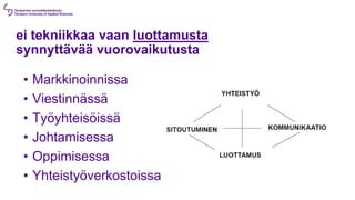 ei tekniikkaa vaan luottamusta
synnyttävää vuorovaikutusta
• Markkinoinnissa
• Viestinnässä
• Työyhteisöissä
• Johtamisessa
• Oppimisessa
• Yhteistyöverkostoissa
 