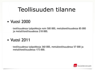 Teollisuuden tilanne
• Vuosi 2000
  – teollisuudessa työpaikkoja noin 500 000, metsäteollisuudessa 85 000
    ja metalliteollisuudessa 218 000.


• Vuosi 2011
  – teollisuudessa työpaikkoja 360 000, metsäteollisuudessa 57 000 ja
    metalliteollisuudessa 173 000.
 