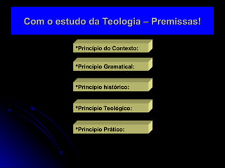 Com o estudo da Teologia – Premissas!
Com o estudo da Teologia – Premissas!
Princípio do Contexto:
Princípio Gramatical:
Princípio histórico:
Princípio Teológico:
Princípio Prático:
 