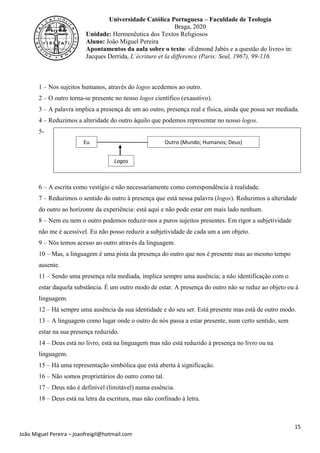 15
João Miguel Pereira – joaofreigil@hotmail.com
Universidade Católica Portuguesa – Faculdade de Teologia
Braga, 2020
Unidade: Hermenêutica dos Textos Religiosos
Aluno: João Miguel Pereira
Apontamentos da aula sobre o texto: «Edmond Jabès e a questão do livro» in:
Jacques Derrida, L´écriture et la difference (Paris: Seul, 1967), 99-116.
1 – Nos sujeitos humanos, através do logos acedemos ao outro.
2 – O outro torna-se presente no nosso logos científico (exaustivo).
3 – A palavra implica a presença de um ao outro, presença real e física, ainda que possa ser mediada.
4 – Reduzimos a alteridade do outro àquilo que podemos representar no nosso logos.
5-
6 – A escrita como vestígio e não necessariamente como correspondência à realidade.
7 – Reduzimos o sentido do outro à presença que está nessa palavra (logos). Reduzimos a alteridade
do outro ao horizonte da experiência: está aqui e não pode estar em mais lado nenhum.
8 – Nem eu nem o outro podemos reduzir-nos a puros sujeitos presentes. Em rigor a subjetividade
não me é acessível. Eu não posso reduzir a subjetividade de cada um a um objeto.
9 – Nós temos acesso ao outro através da linguagem.
10 – Mas, a linguagem é uma pista da presença do outro que nos é presente mas ao mesmo tempo
ausente.
11 – Sendo uma presença rela mediada, implica sempre uma ausência; a não identificação com o
estar daquela substância. É um outro modo de estar. A presença do outro não se reduz ao objeto ou à
linguagem.
12 – Há sempre uma ausência da sua identidade e do seu ser. Está presente mas está de outro modo.
13 – A linguagem como lugar onde o outro de nós passa a estar presente, num certo sentido, sem
estar na sua presença reduzido.
14 – Deus está no livro, está na linguagem mas não está reduzido à presença no livro ou na
linguagem.
15 – Há uma representação simbólica que está aberta à significação.
16 – Não somos proprietários do outro como tal.
17 – Deus não é definível (limitável) numa essência.
18 – Deus está na letra da escritura, mas não confinado à letra.
Eu Outro (Mundo; Humanos; Deus)
Logos
 