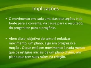 Implicações
• O movimento em cada uma das dez seções é da
fonte para a corrente, da causa para o resultado,
do progenitor para o progênie.
• Além disso, objetivo do texto é enfatizar
movimento, um plano, algo em progresso e
moção . O que está em movimento é nada menos
que os estágios iniciais de um plano divino, um
plano que tem suas raízes na criação.
 