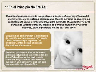 1: En el Principio No Era Así

Cuando algunos fariseos le preguntaron a Jesús sobre el significado del
 matrimonio, le contestaron diciendo que Moisés permitía el divorcio. La
 respuesta de Jesús otorga una llave para entender el Evangelio: “Por la
   dureza de vuestro corazón, Moisés os permitió repudiar a vuestras
            mujeres, pero al principio no fue así” (Mt. 19:8).


Si queremos comprender el significado
de la unión en “una sola carne”, según
Cristo, tenemos que regresar “al
principio”, antes de que el pecado
distorsionara las cosas.


Ese es el parámetro. Esa es la norma.
Mientras estudiamos las reflexiones de
Juan Pablo II sobre los textos de la
creación, seguramente nos daremos
cuenta en un nueva nivel qué tan bajo
hemos caído del plan de Dios.
 
