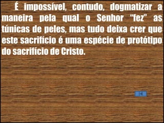 26/11/10
É impossível, contudo, dogmatizar a
maneira pela qual o Senhor “fez” as
túnicas de peles, mas tudo deixa crer que
este sacrifício é uma espécie de protótipo
do sacrifício de Cristo.
 