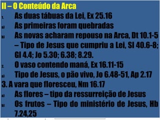 26/11/10
II – O Conteúdo da Arca
1. As duas tábuas da Lei, Ex 25.16
a) As primeiras foram quebradas
b) As novas acharam repouso na Arca, Dt 10.1-5
– Tipo de Jesus que cumpriu a Lei, Sl 40.6-8;
Gl 4.4; Jo 5.30; 6.38; 8.29.
2. O vaso contendo maná, Ex 16.11-15
a) Tipo de Jesus, o pão vivo, Jo 6.48-51, Ap 2.17
3. A vara que floresceu, Nm 16.17
a) As flores – tipo da ressurreição de Jesus
b) Os frutos – Tipo do ministério de Jesus, Hb
7.24,25
 