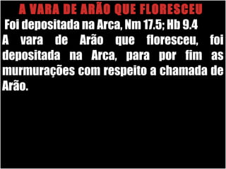 26/11/10
A VARA DE ARÃO QUE FLORESCEU
Foi depositada na Arca, Nm 17.5; Hb 9.4
A vara de Arão que floresceu, foi
depositada na Arca, para por fim as
murmurações com respeito a chamada de
Arão.
 